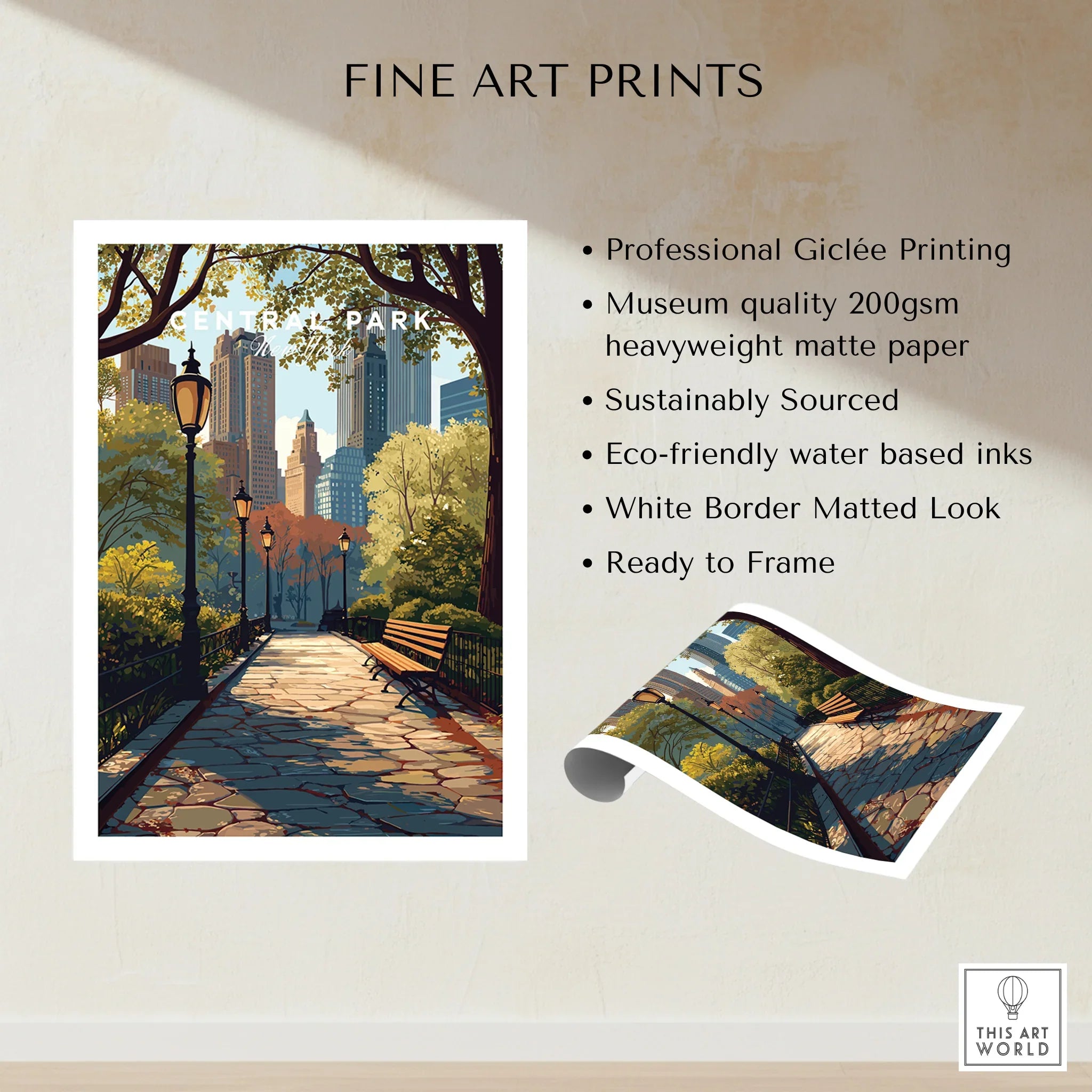 Central Park fine art print with city skyline, park benches, and tree-lined pathway, unframed.