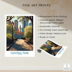 Central Park art print with New York city skyline, fine art paper, unframed, ready to frame