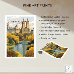 Central Park New York fine art print with city skyline, fall foliage, and bridge, unframed