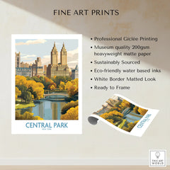 Central Park New York fine art print with city skyline, fall trees, and bridge, unframed poster.