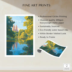 Central Park New York art print with lake, trees, skyline, and museum-quality matte paper details