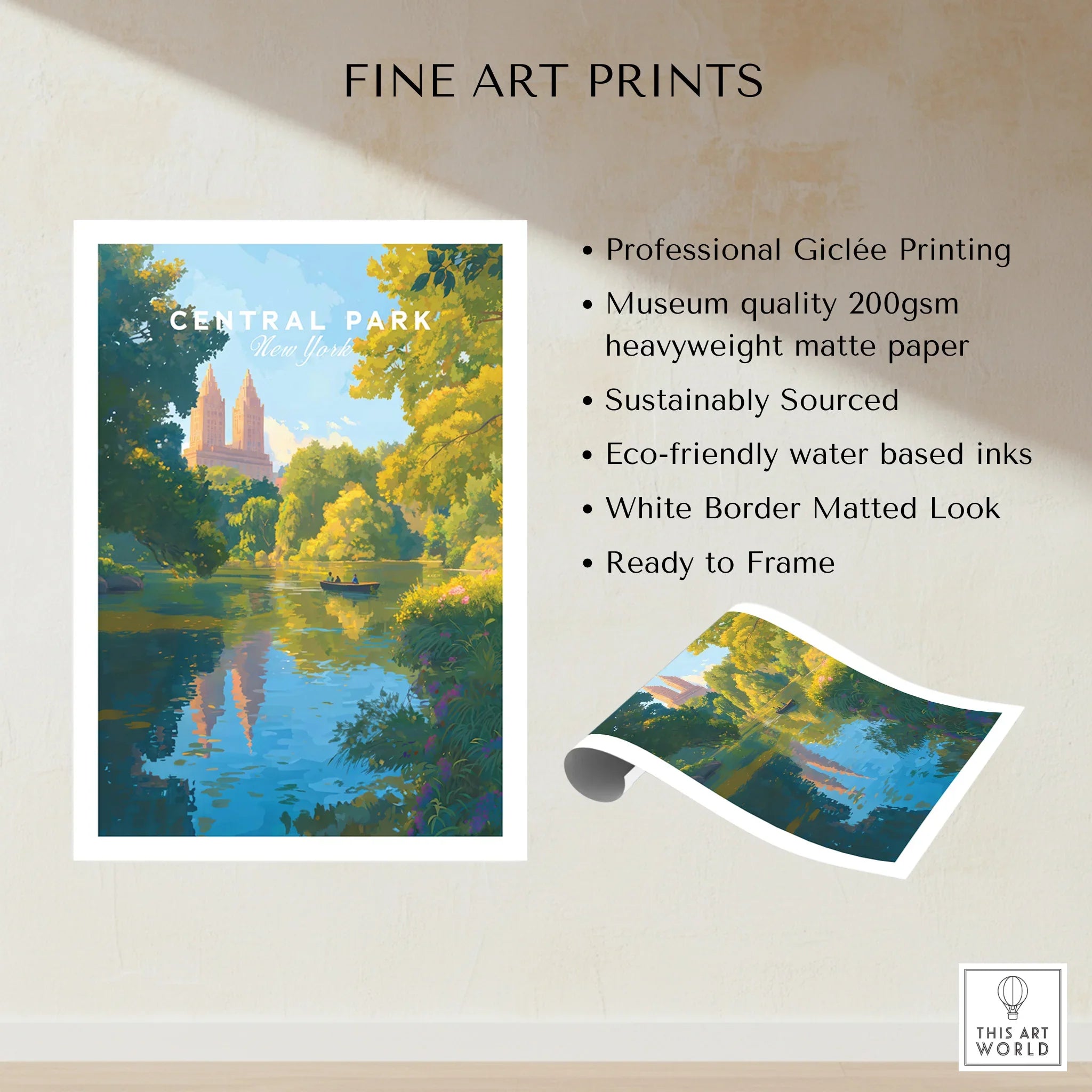 Central Park New York art print with lake, trees, skyline, and museum-quality matte paper details