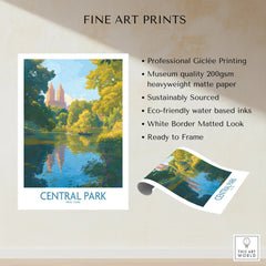 Central Park fine art print showing lake, trees, skyline, and rowing boat, unframed, wall art.