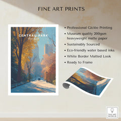 Central Park New York fine art print with fall trees, city skyline, eco-friendly matte paper details