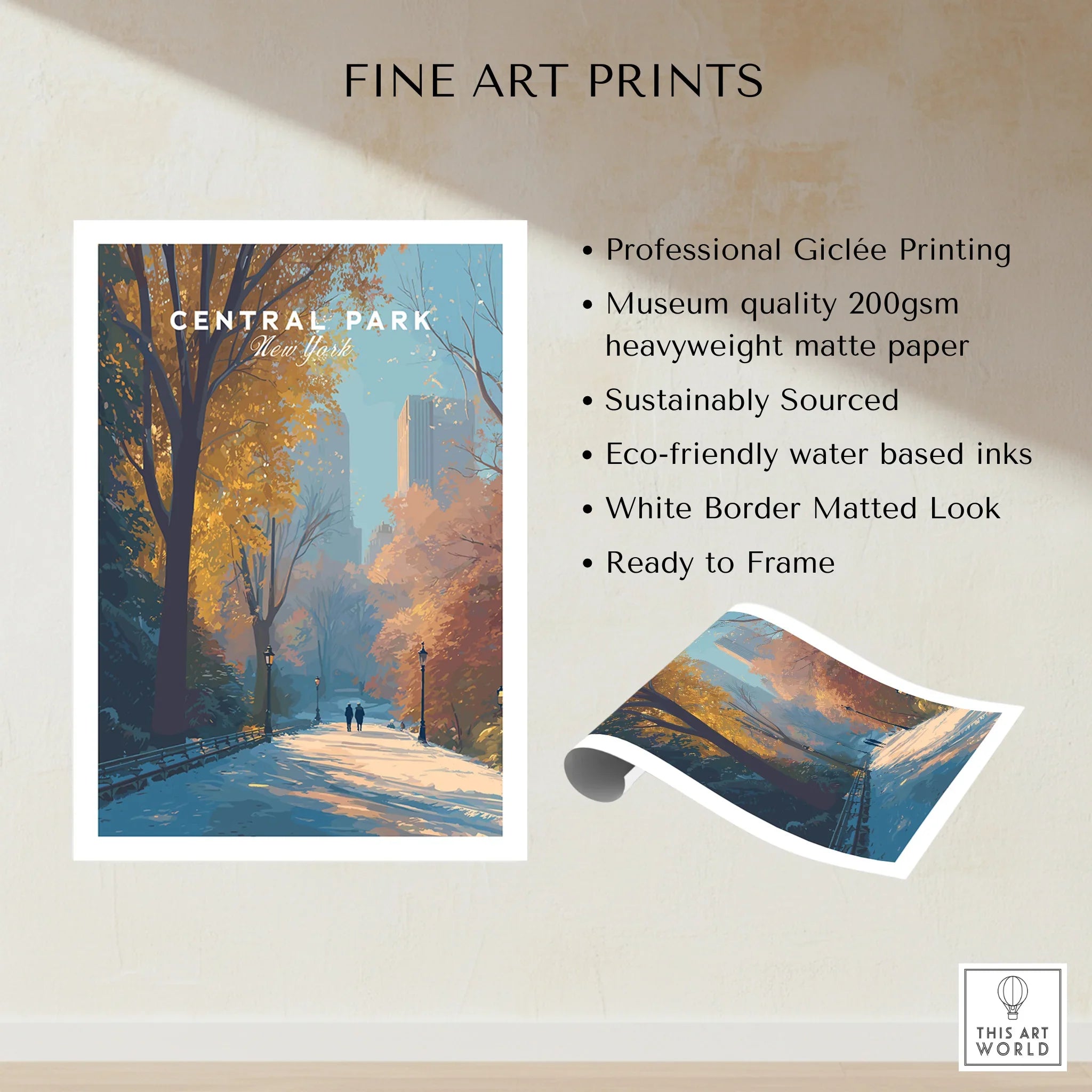 Central Park New York fine art print with fall trees, city skyline, eco-friendly matte paper details