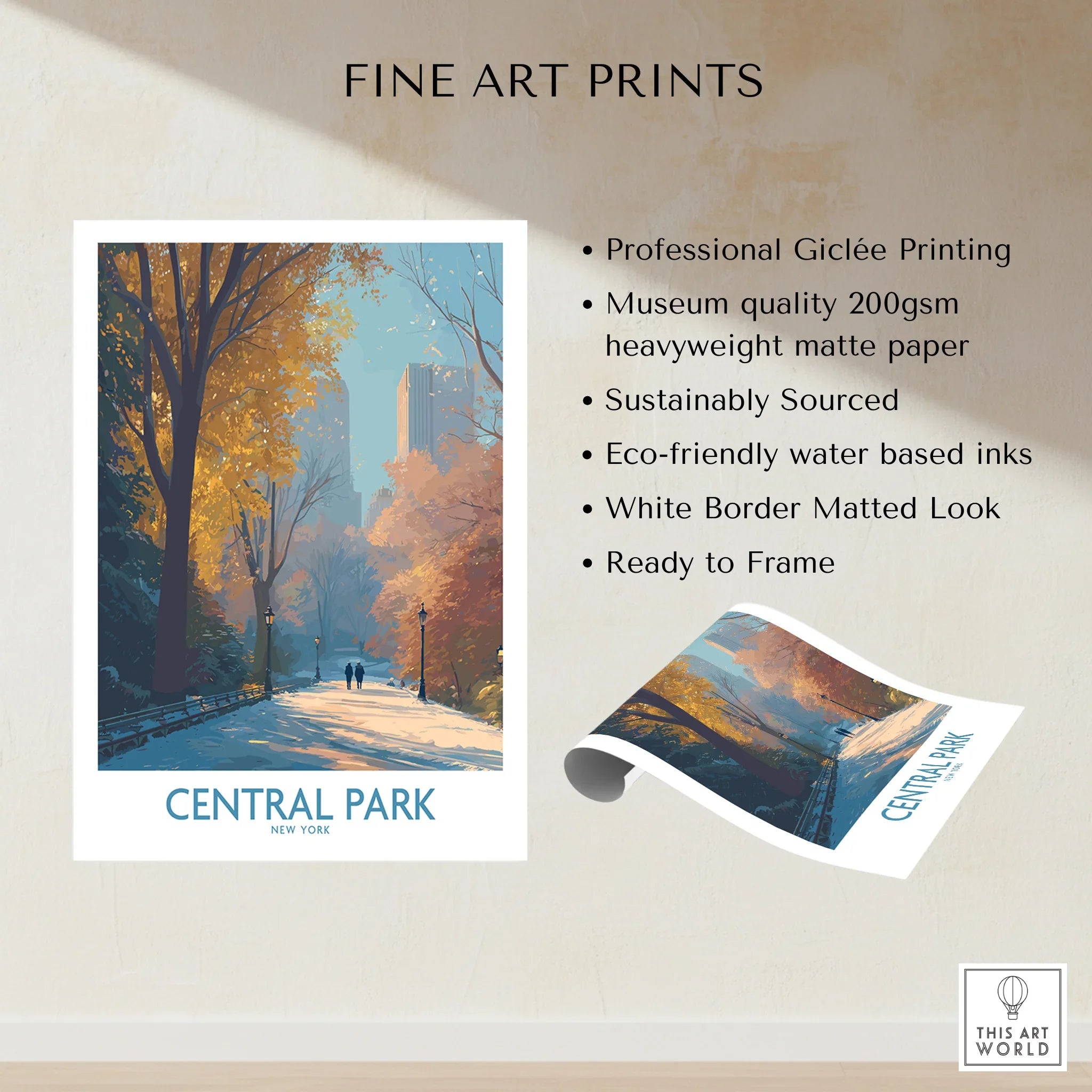 Central Park fine art print showing a colorful autumn scene with trees and distant skyscraper, unframed.