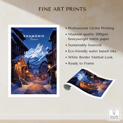 Chamonix Poster featuring a moonlit mountain village in France, perfect for home decor and ski enthusiasts.