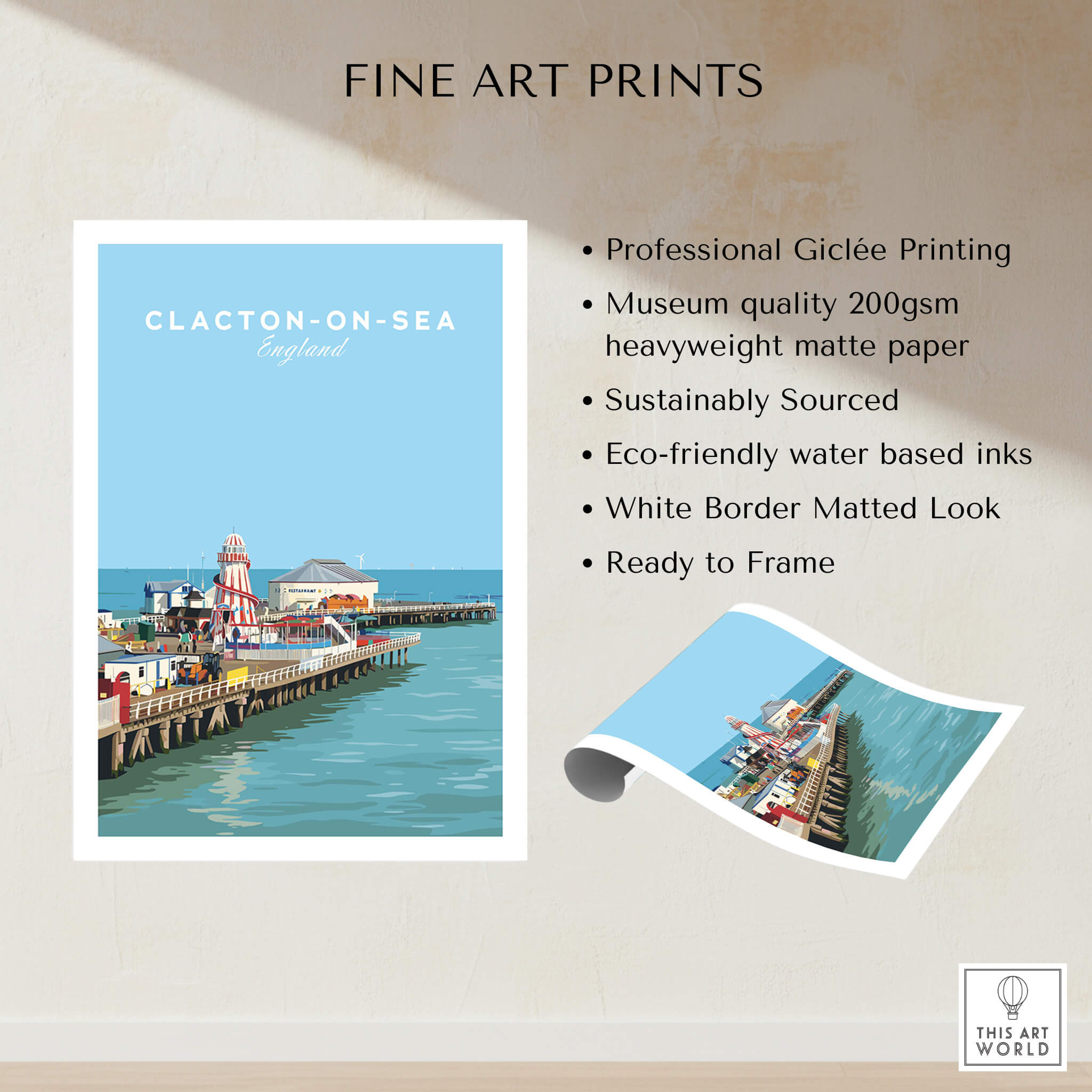 Clacton-on-Sea Travel Poster – Historic Pier Art Print showcasing Giclée printing and vibrant seaside design.