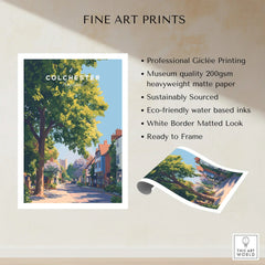 Colchester England travel poster art print with tree-lined street, unframed, matte finish.