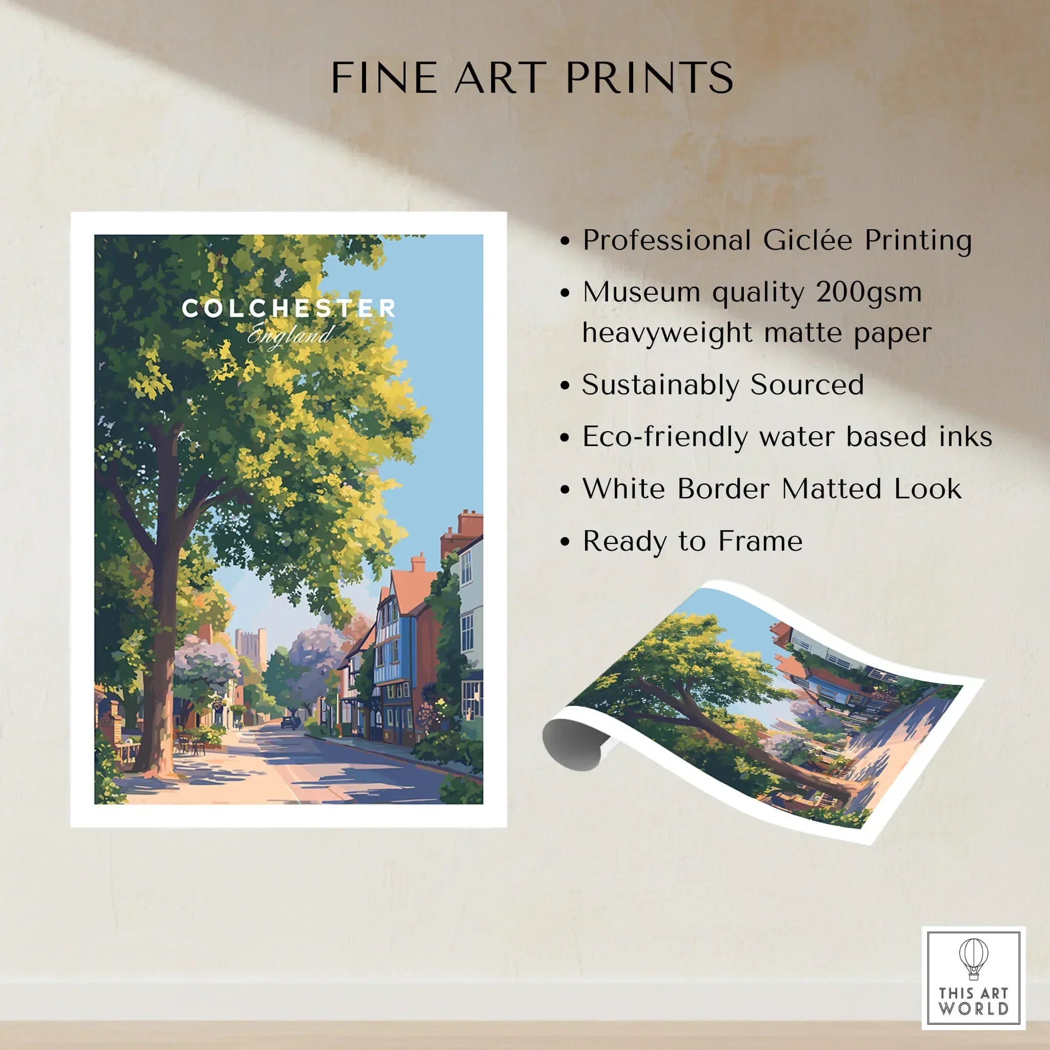 Colchester England travel poster art print with tree-lined street, unframed, matte finish.