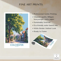 Colchester England fine art print with tree-lined street and historic houses, unframed wall art