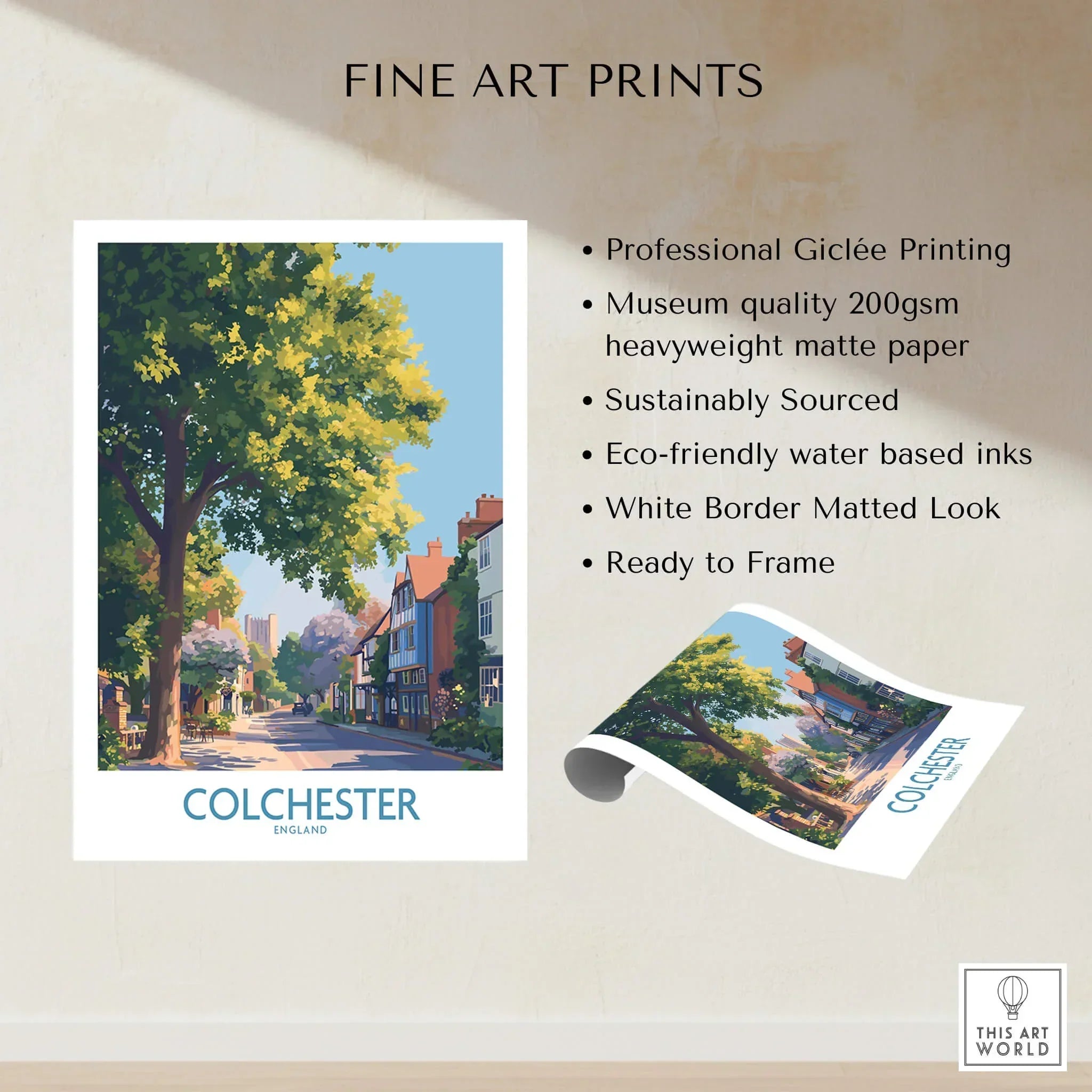 Colchester England fine art print with tree-lined street and historic houses, unframed wall art