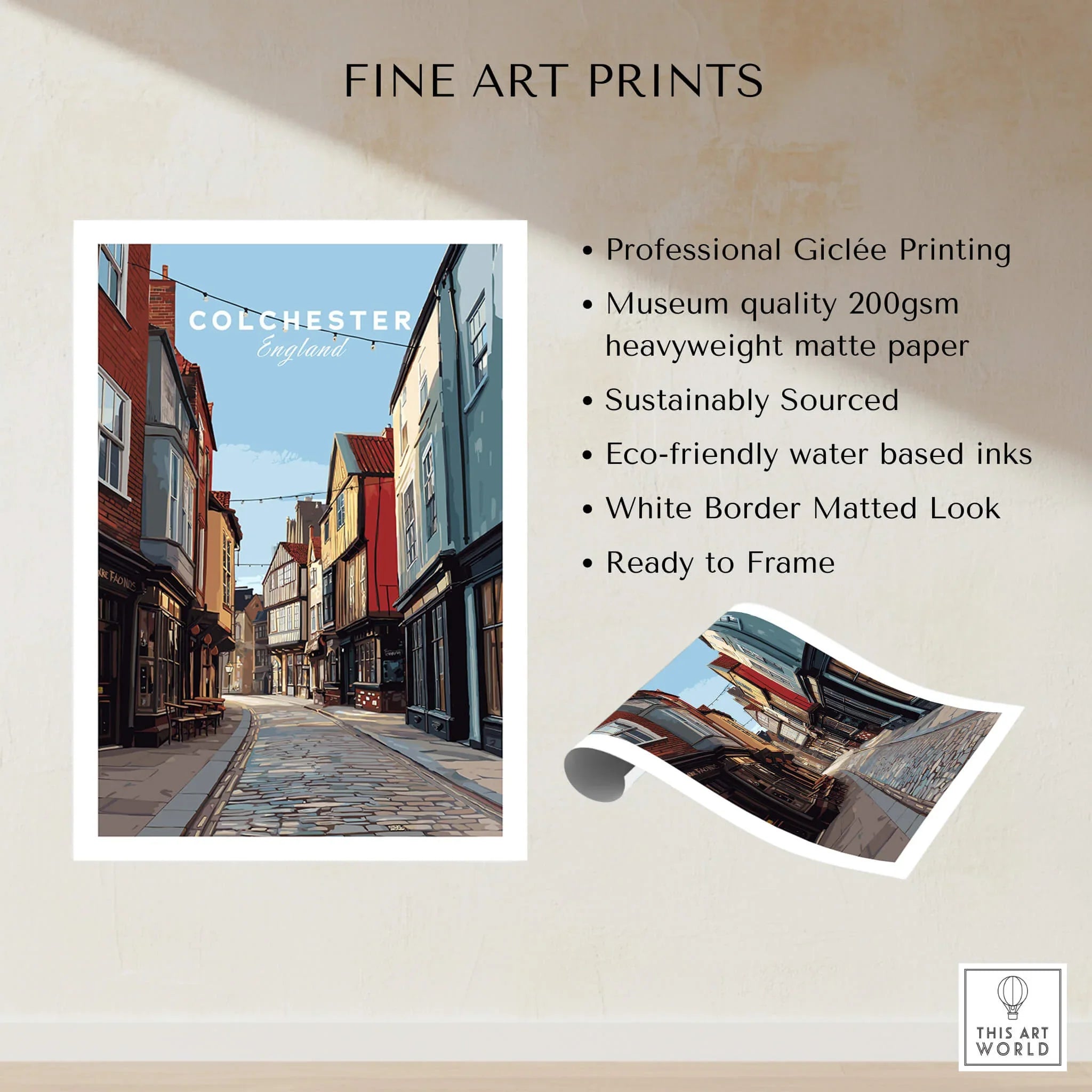 Colchester fine art print showing a colorful city street, unframed museum-quality poster
