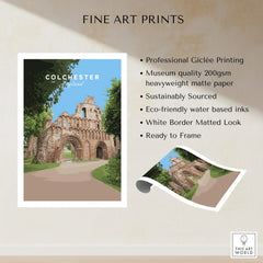 Colchester England travel poster print featuring historic ruins, unframed fine art wall decor
