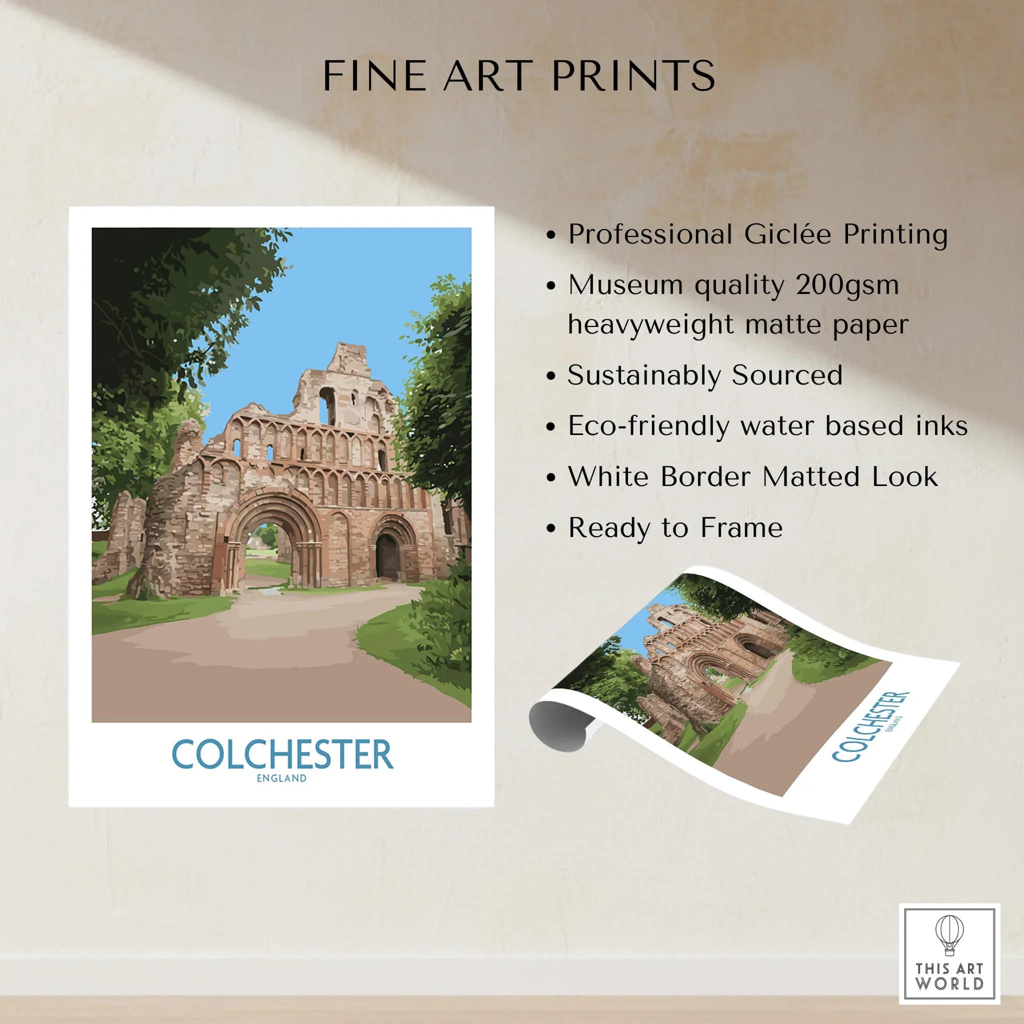 Colchester England fine art print unframed, historic ruins illustration, wall art poster