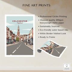 Colchester England travel poster fine art print with city street illustration, unframed.