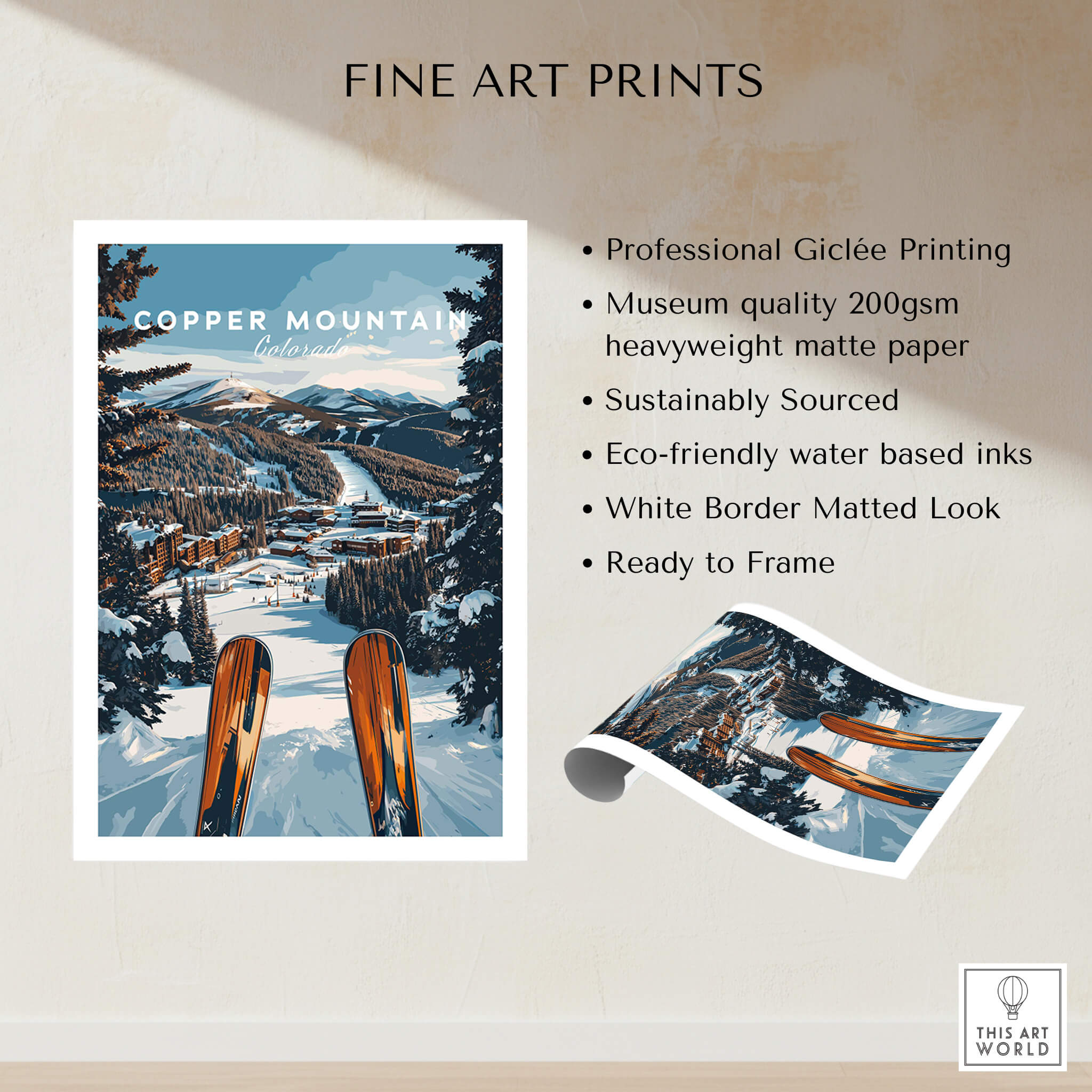 Copper Mountain Ski Print showcasing professional Giclée printing and eco-friendly inks on heavyweight paper.