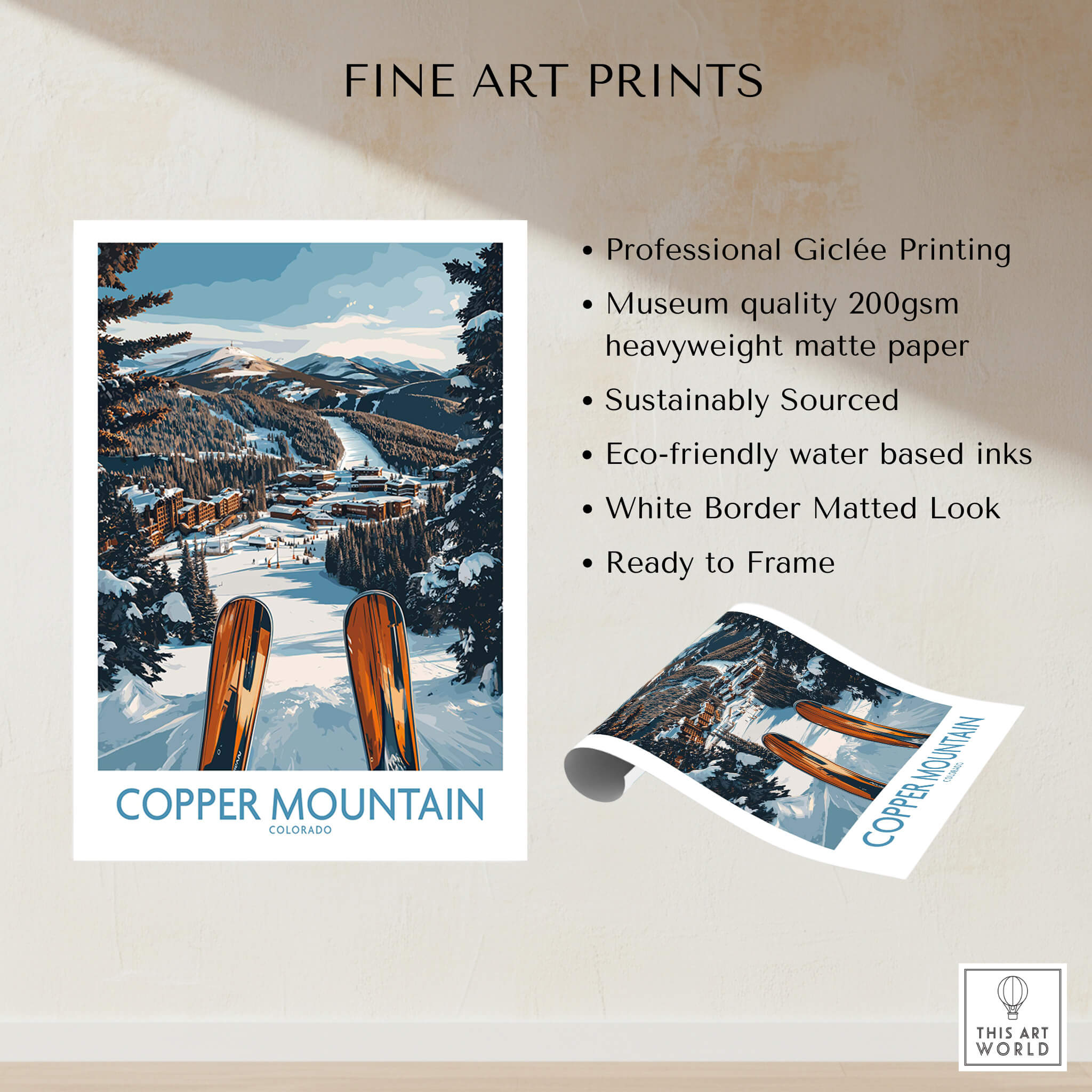 Copper Mountain Colorado Wall Art – Winter Ski Resort Print showcasing professional Giclée printing and eco-friendly materials.