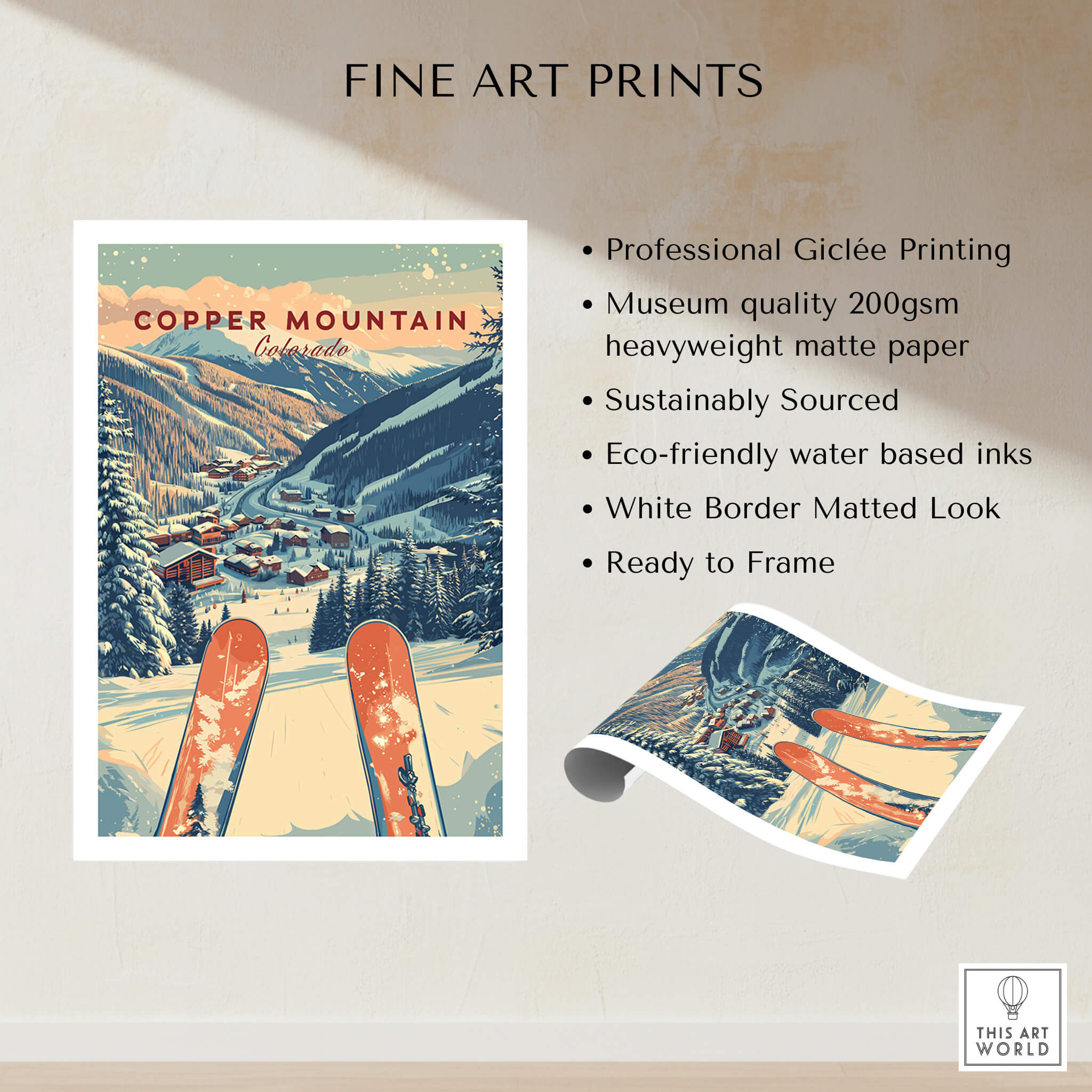 Copper Mountain Travel Poster – Sunset Ski Slopes showcasing professional Giclée printing and a beautiful winter landscape.