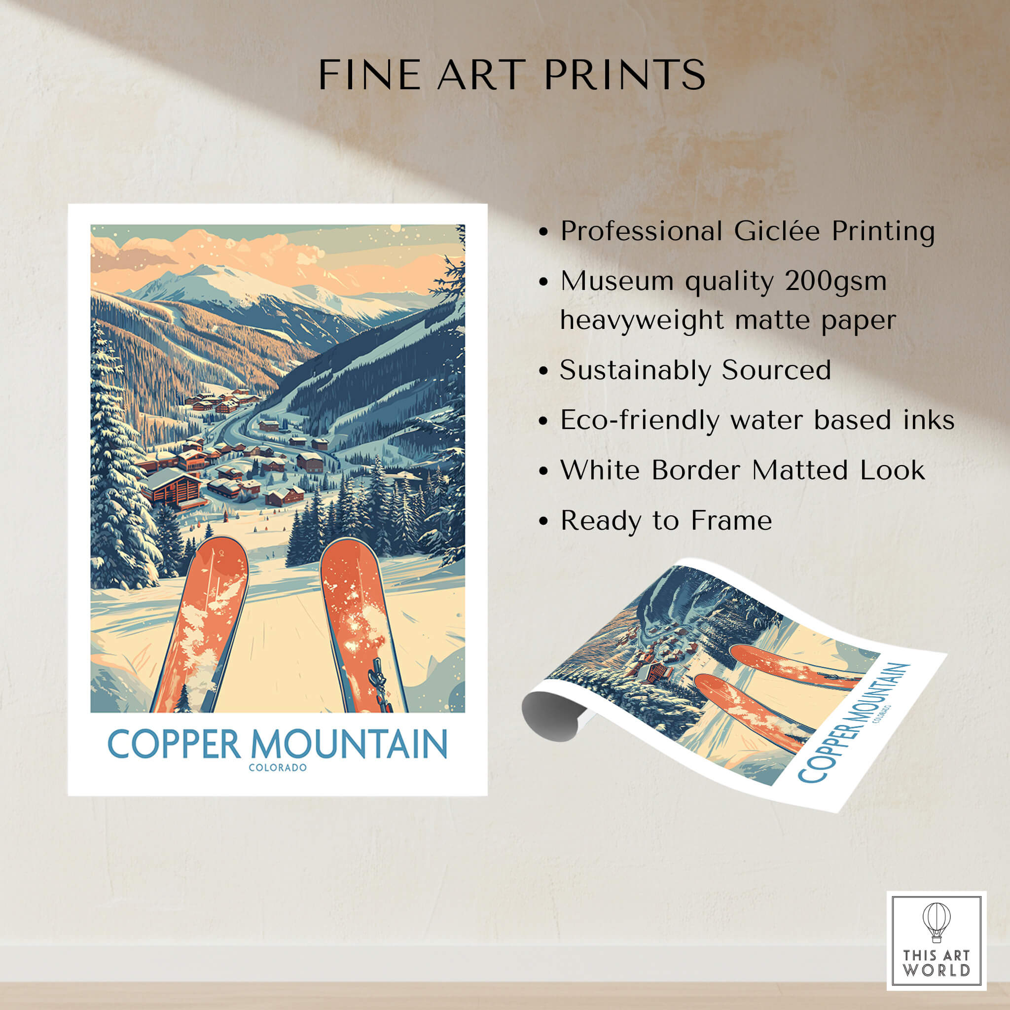 Copper Mountain Colorado Wall Art – Winter Mountain Ski Resort Wall Decor showcasing a ski scene with orange skis in the foreground.