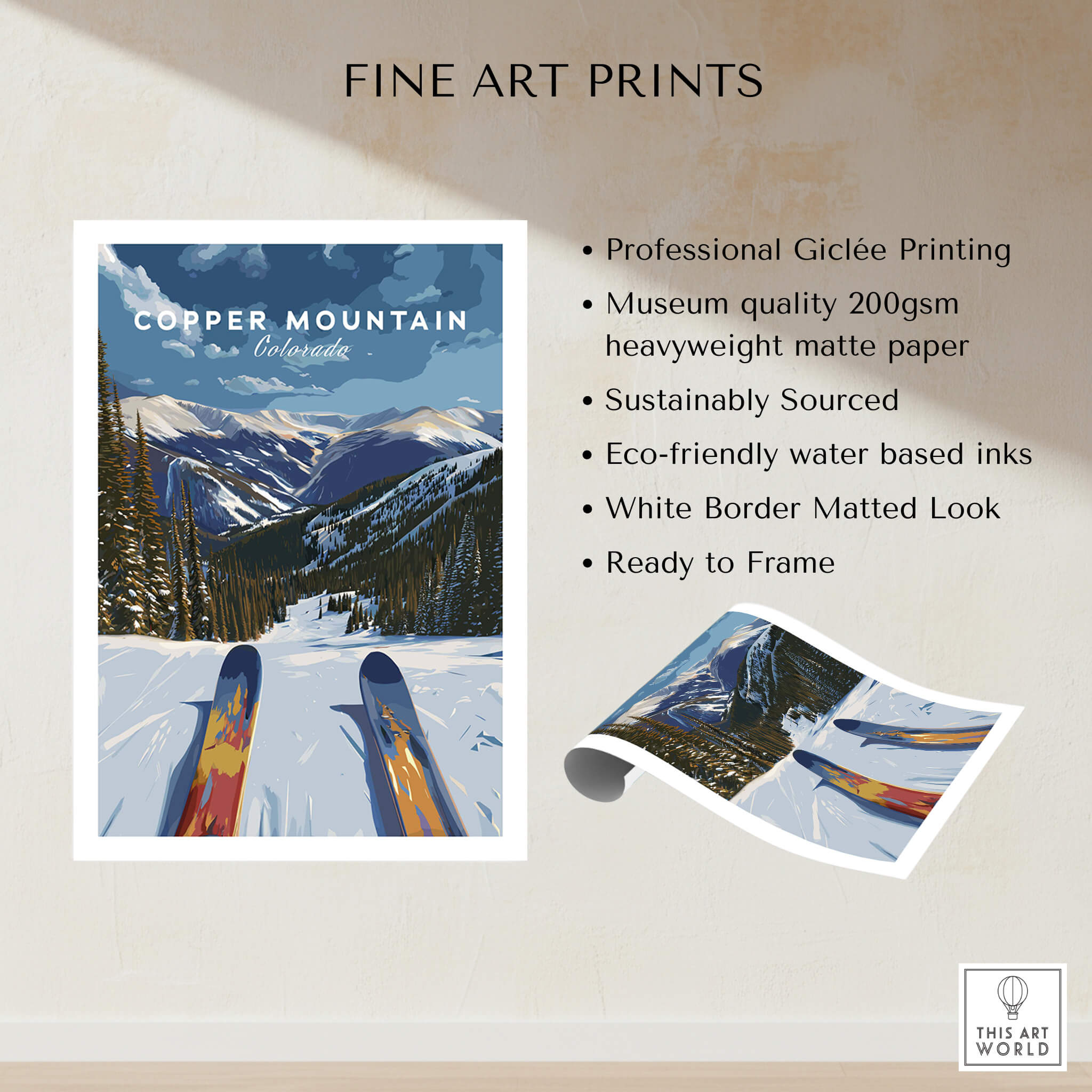 Ski Print Copper Mountain Colorado showcasing vibrant ski scene with mountains and skis, perfect for ski enthusiasts.