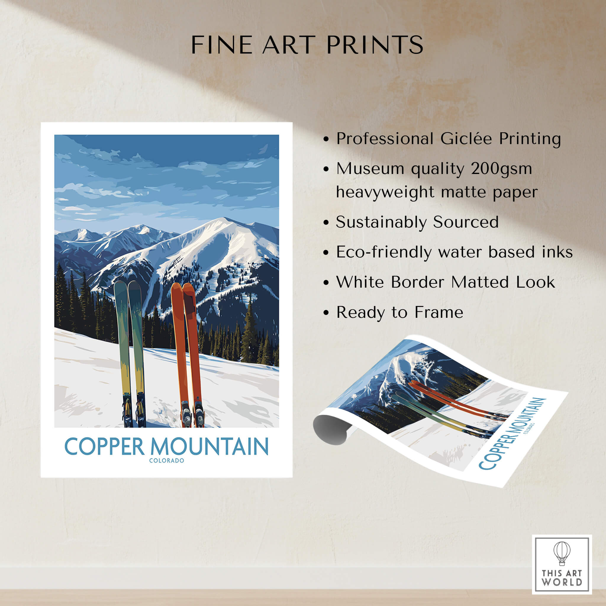 Copper Mountain Ski Wall Art Ski Print featuring vibrant skiing scene with mountains and skis, perfect for alpine decor.