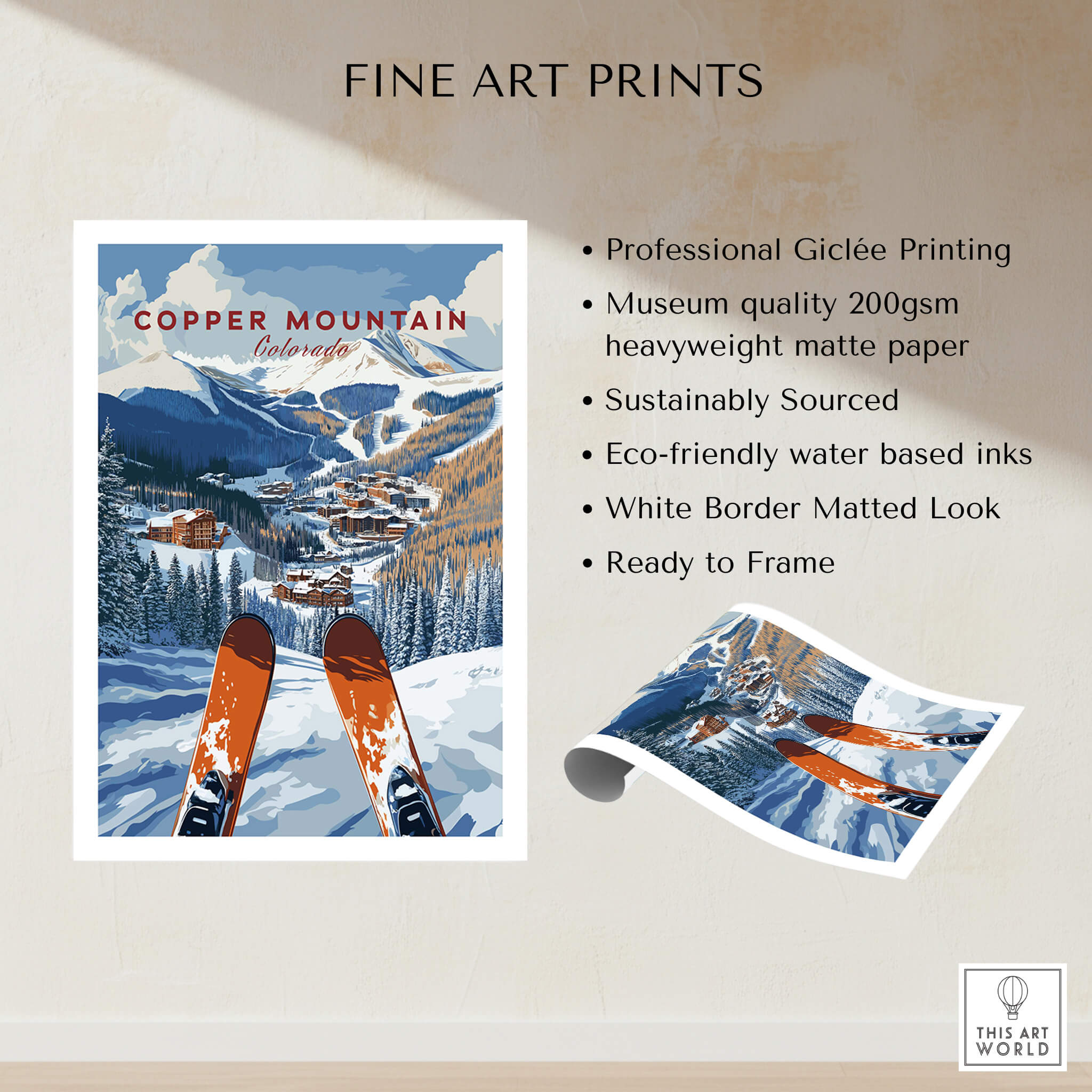 Copper Mountain Ski Poster – Winter Ski Village & Snowy Mountain Art with snowy peaks and ski village.