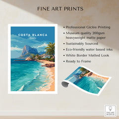 Costa Blanca Spain Travel Art – Mediterranean Village & Turquoise Sea Landscape Poster showcasing a vibrant coastal scene.