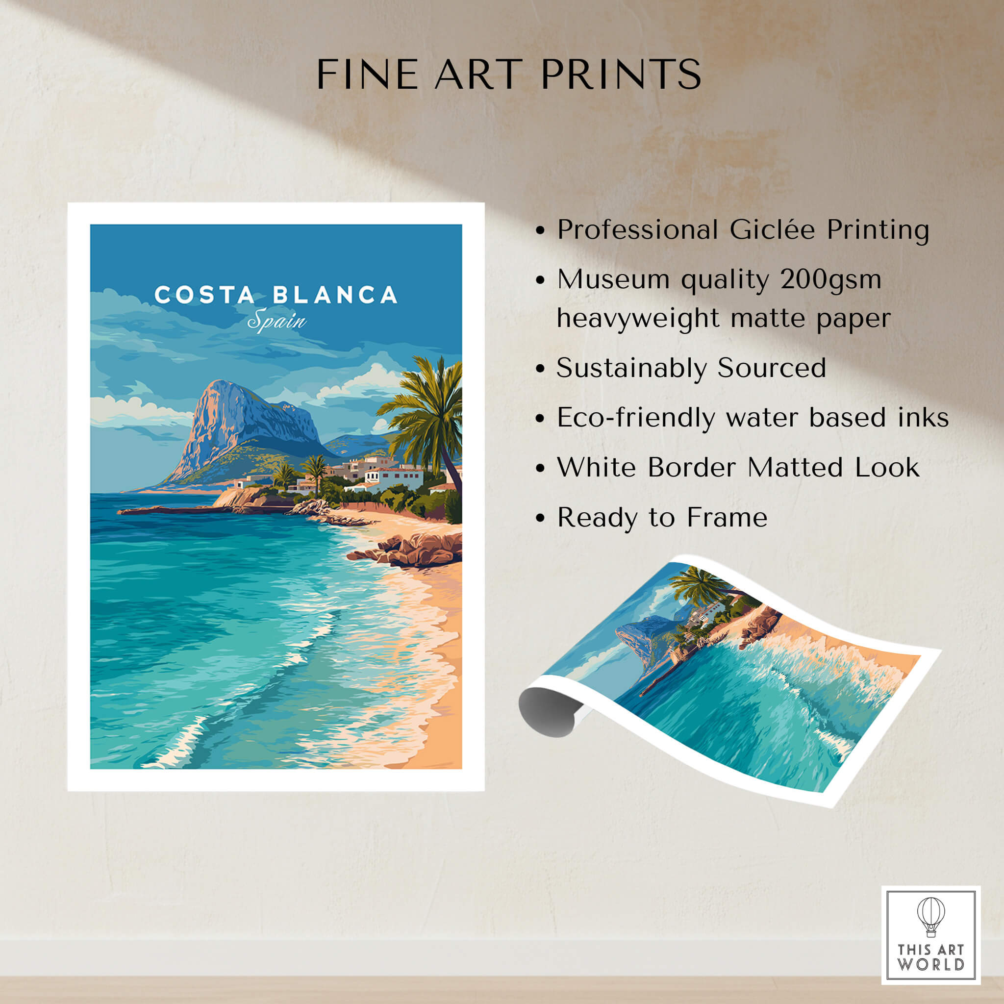 Costa Blanca Spain Travel Art – Mediterranean Village & Turquoise Sea Landscape Poster showcasing a vibrant coastal scene.