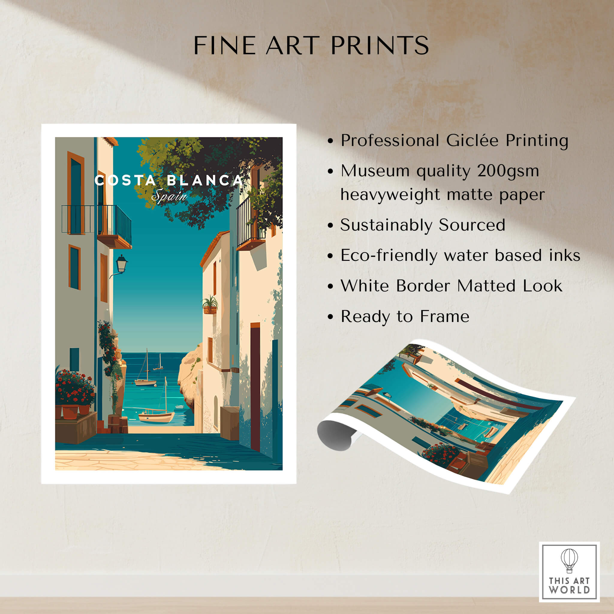 Costa Blanca Spain Print – Iconic White Village & Mediterranean Architecture Wall Decor showcasing vibrant coastal design.