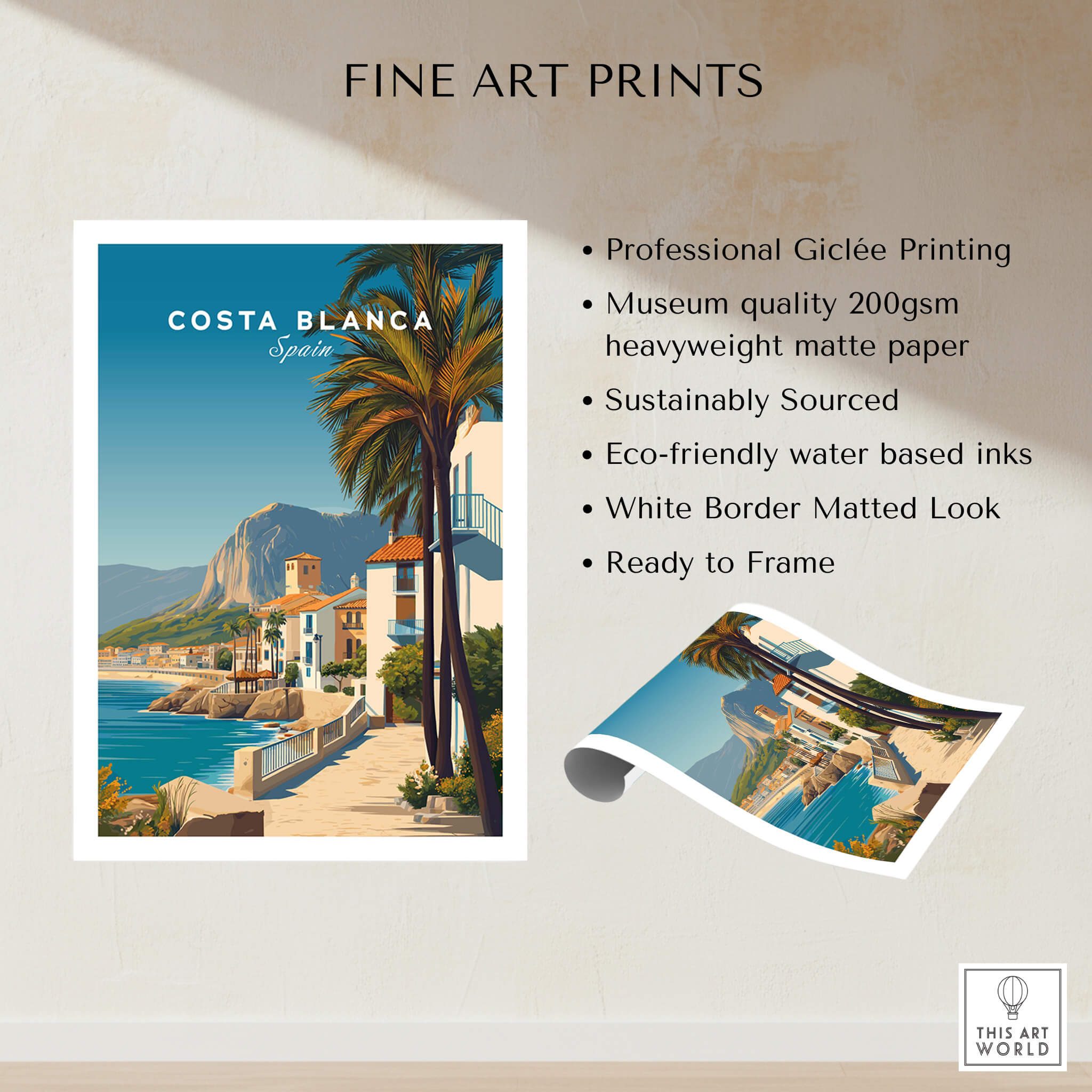 Costa Blanca Travel Poster - Spain Canvas Print featuring coastal scenes and vibrant colors.