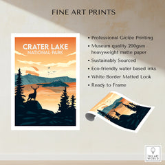 Crater Lake National Park fine art print with deer silhouette, mountains, and sunset colors.