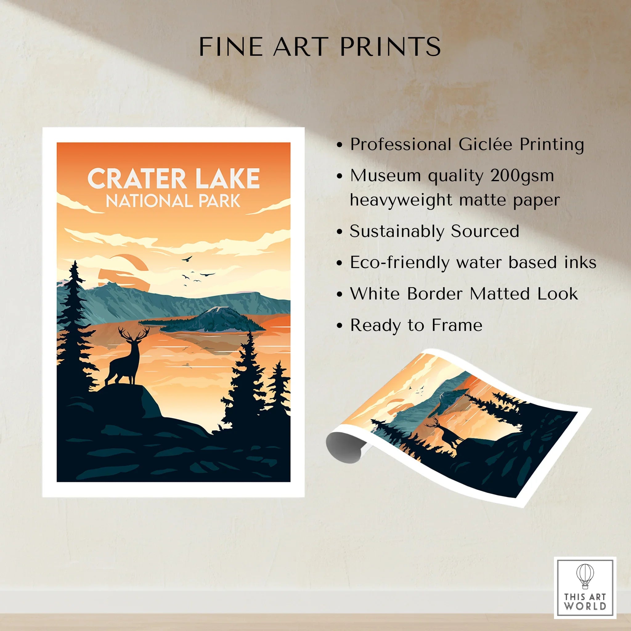 Crater Lake National Park fine art print with deer silhouette, mountains, and sunset colors.