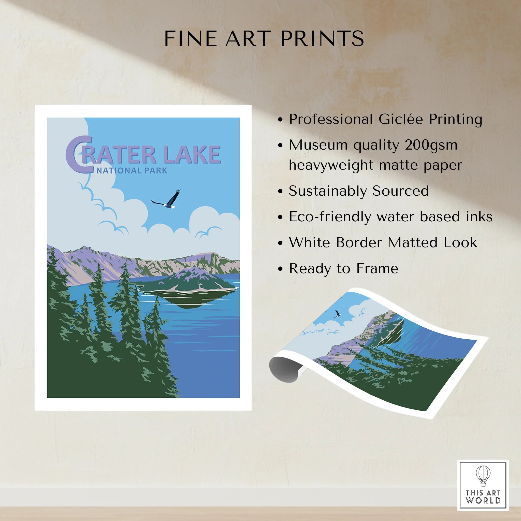 Crater Lake National Park art print with blue lake, pine trees, and mountain landscape