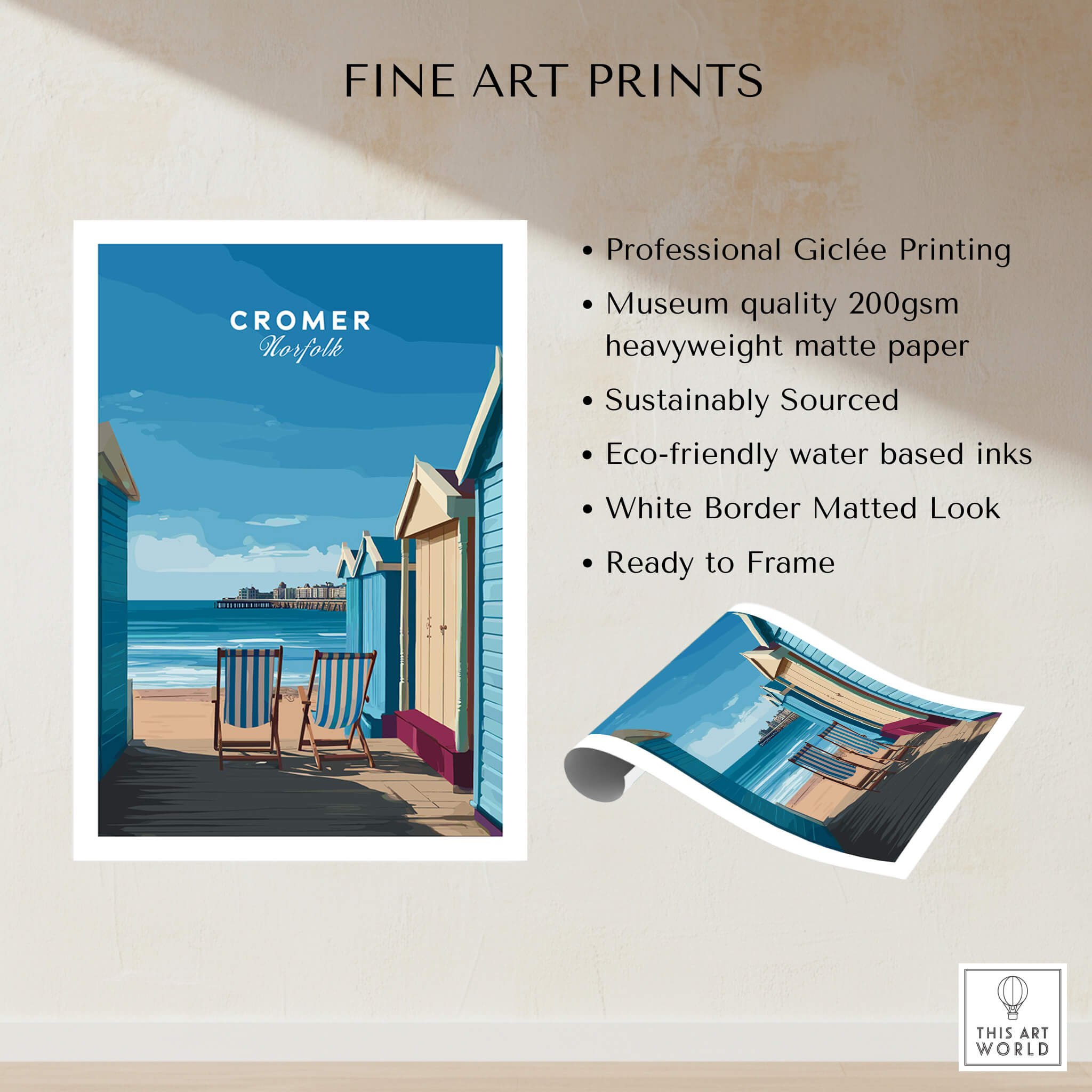 Cromer Travel Poster – Norfolk Beach Huts Art Print showcasing vibrant beach huts and serene coastal scenery.