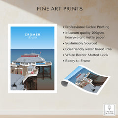Cromer Travel Poster – Norfolk Pier & Pavilion Theatre Landmark Art showcasing professional Giclée printing and traditional elegance.