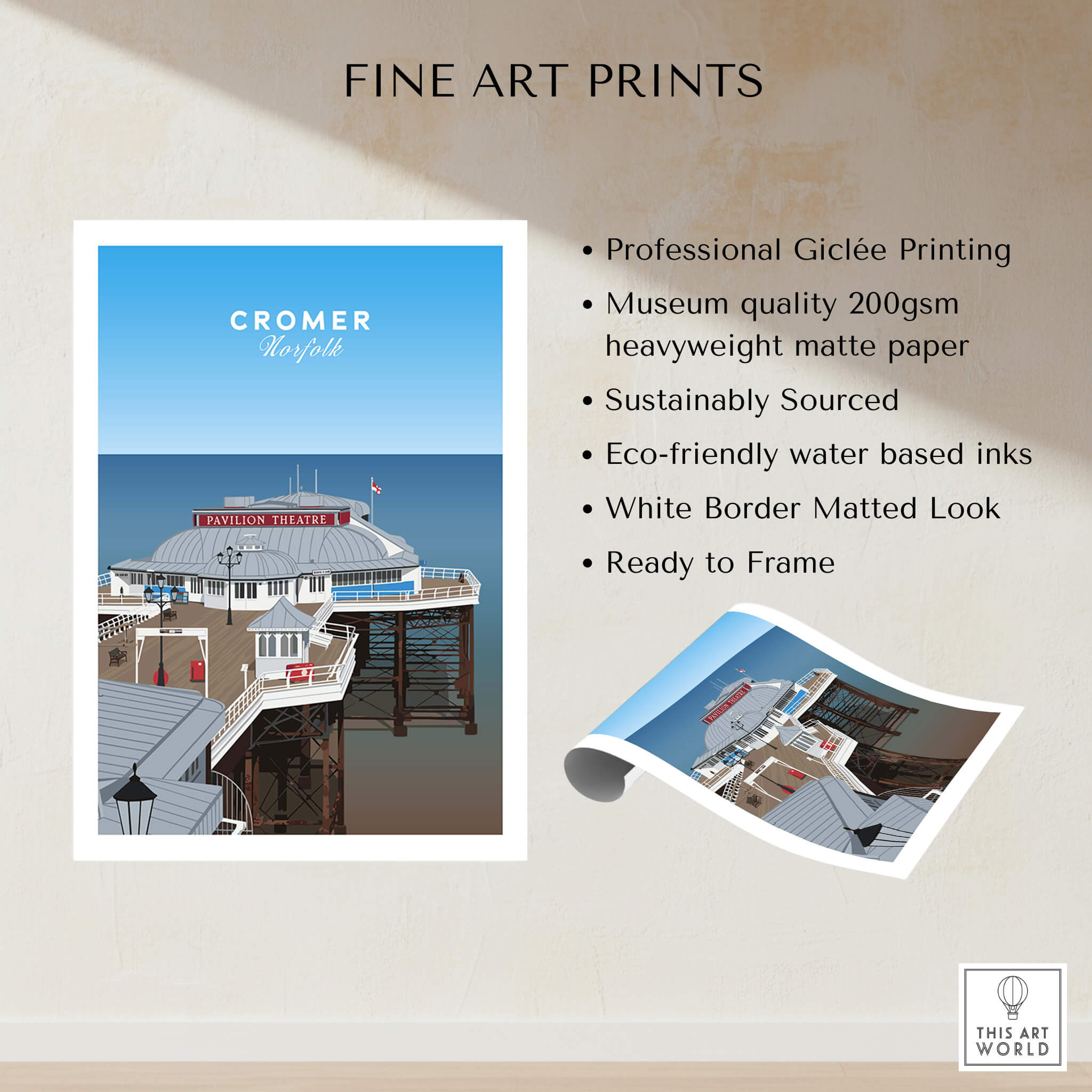 Cromer Travel Poster – Norfolk Pier & Pavilion Theatre Landmark Art showcasing professional Giclée printing and traditional elegance.