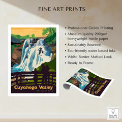 Cuyahoga Valley National Park art print with waterfall illustration and matted white border.