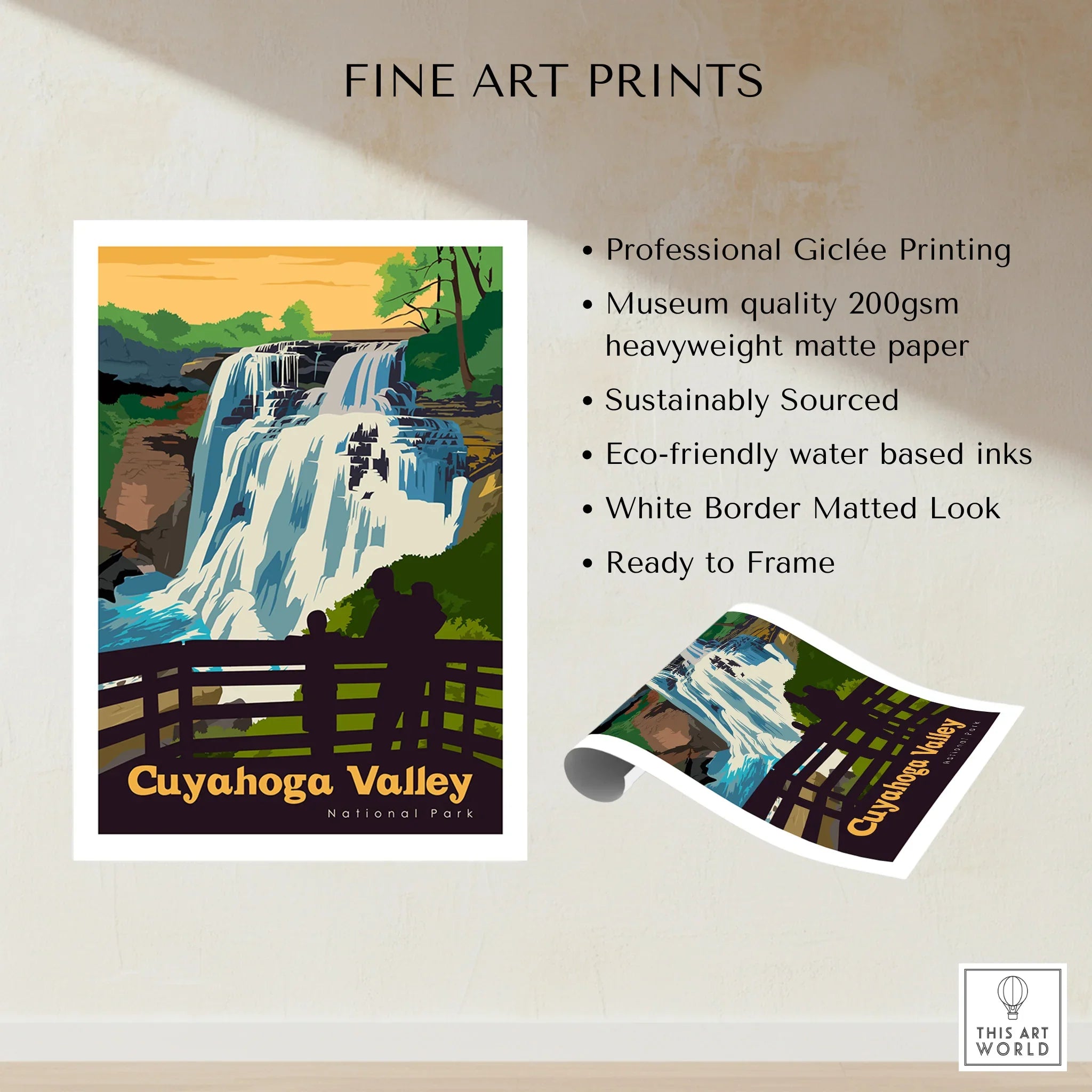 Cuyahoga Valley National Park art print with waterfall illustration and matted white border.