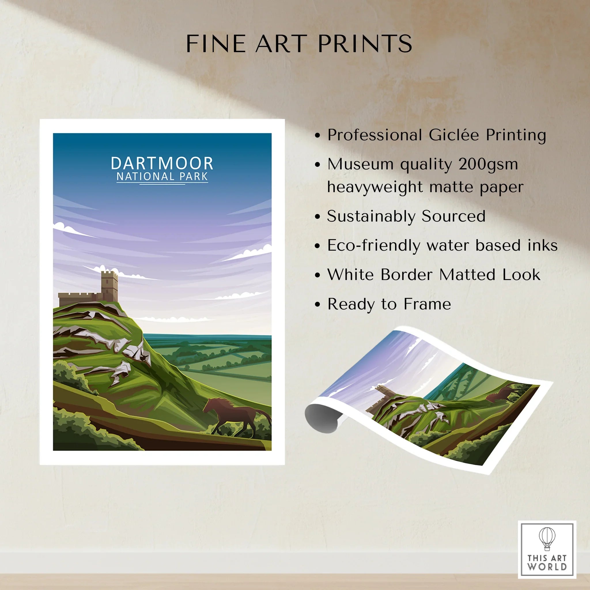 Dartmoor National Park art print with castle, rolling hills, and horse, unframed fine art poster.