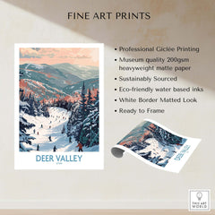Deer Valley Travel Poster - Utah showcasing ski enthusiasts in a vibrant winter landscape.
