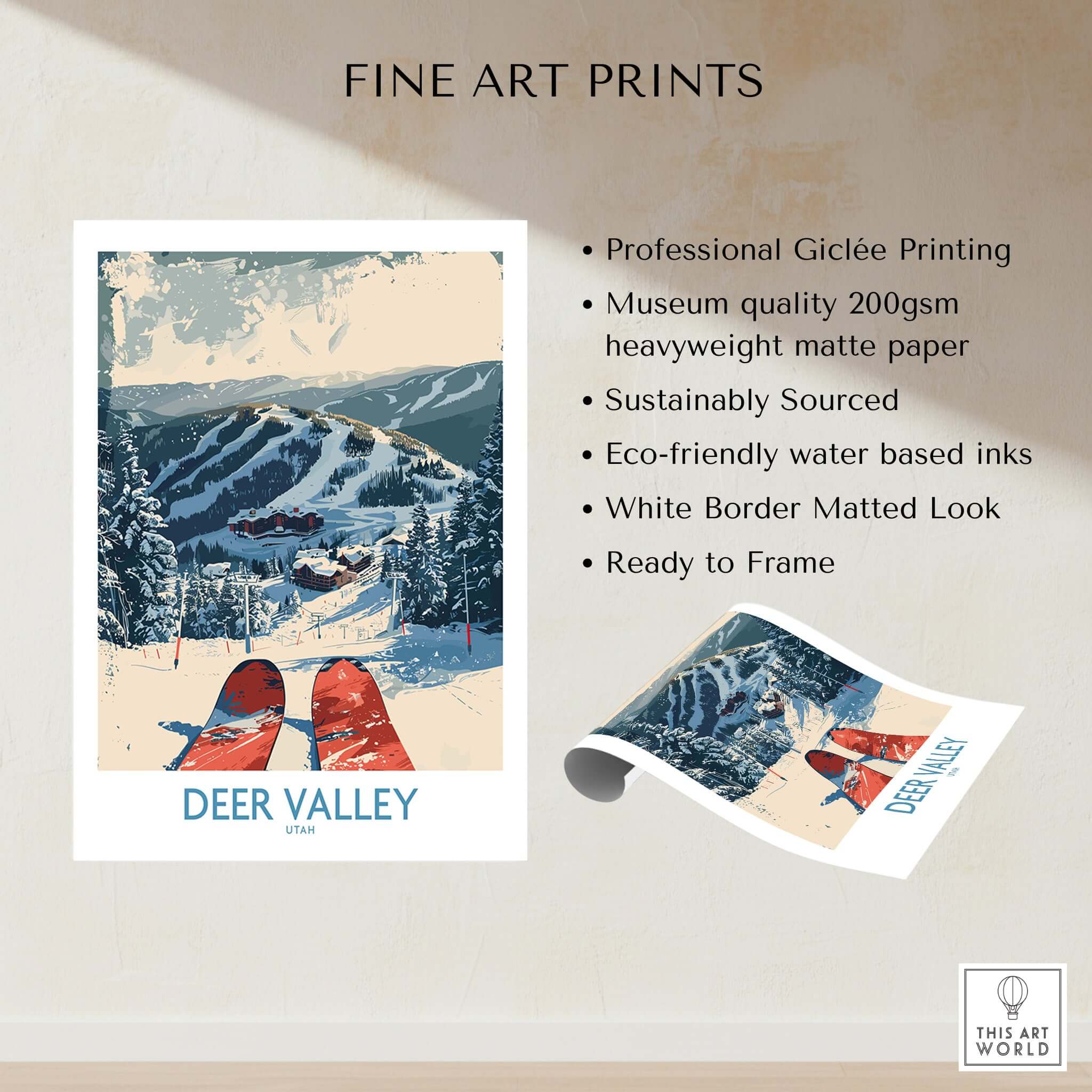 Deer Valley Wall Art showcasing a ski scene with snowboard, featuring professional Giclée printing and eco-friendly materials.