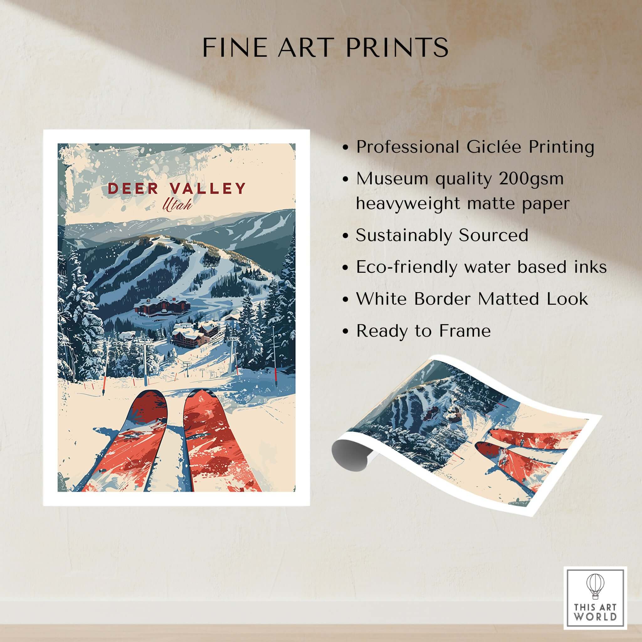 Deer Valley Ski Poster showcasing breathtaking slopes with professional Giclée printing and museum-quality matte paper.