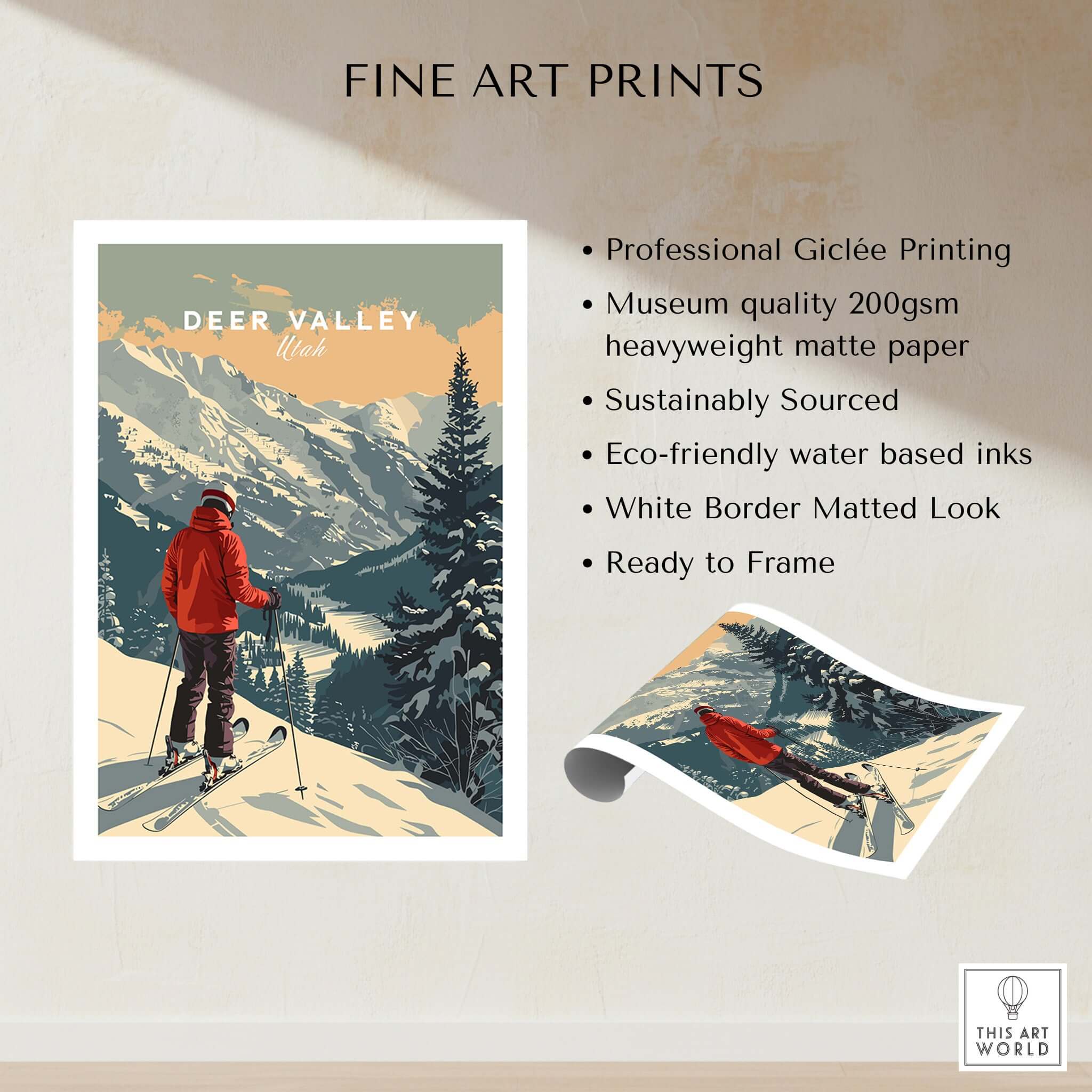 Deer Valley Print Utah showcasing a skier in a winter landscape with professional Giclée printing.