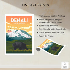 Denali National Park fine art print with bear, mountain landscape, eco-friendly giclée poster.