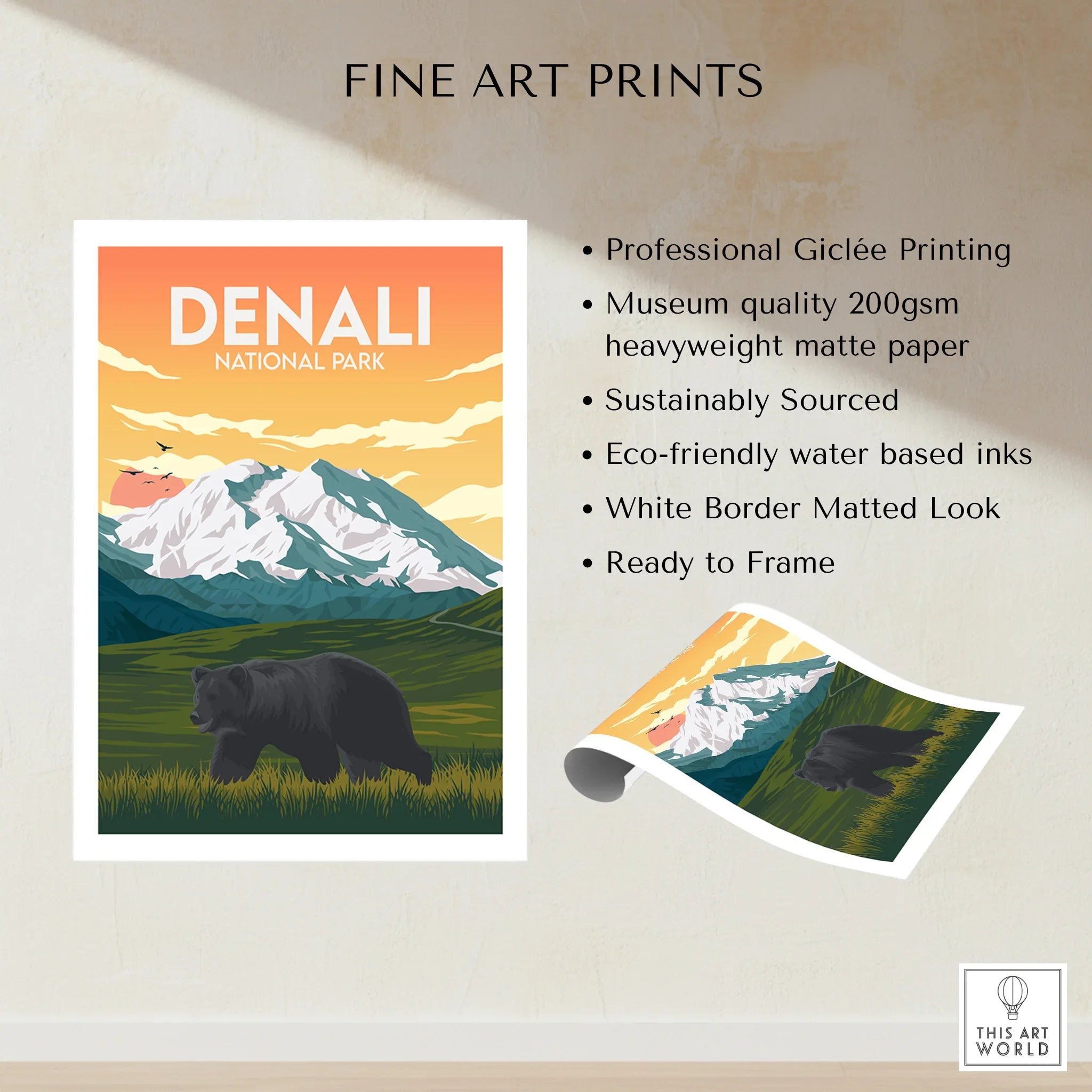 Denali National Park fine art print with bear, mountain landscape, eco-friendly giclée poster.