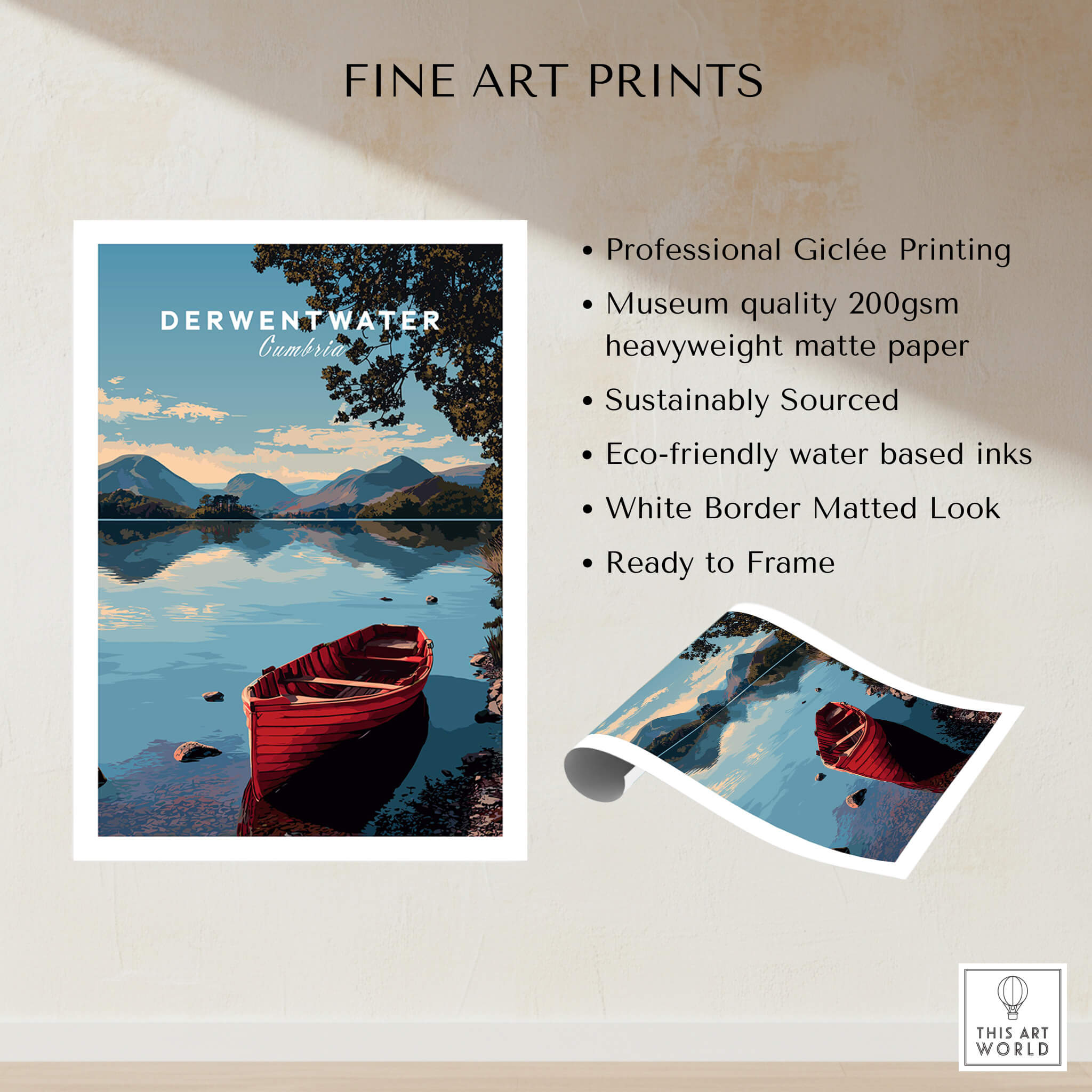 Derwentwater Travel Poster – Lake District Art Print featuring a red boat on tranquil waters, showcasing serene landscapes.
