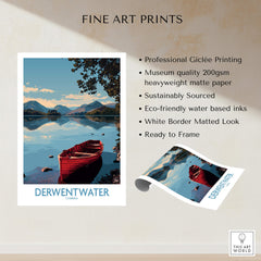 Derwentwater Cumbria Wall Art – Mountain Lake Landscape Print showcasing a red boat and serene lake scenery.