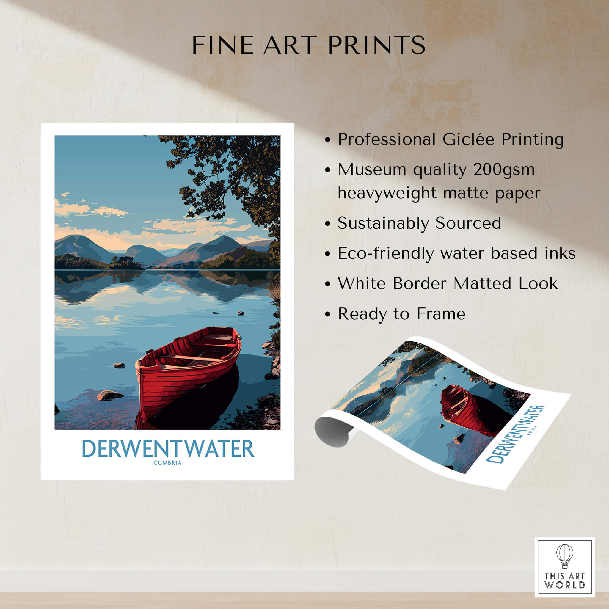 Derwentwater Cumbria Wall Art – Mountain Lake Landscape Print showcasing a red boat and serene lake scenery.