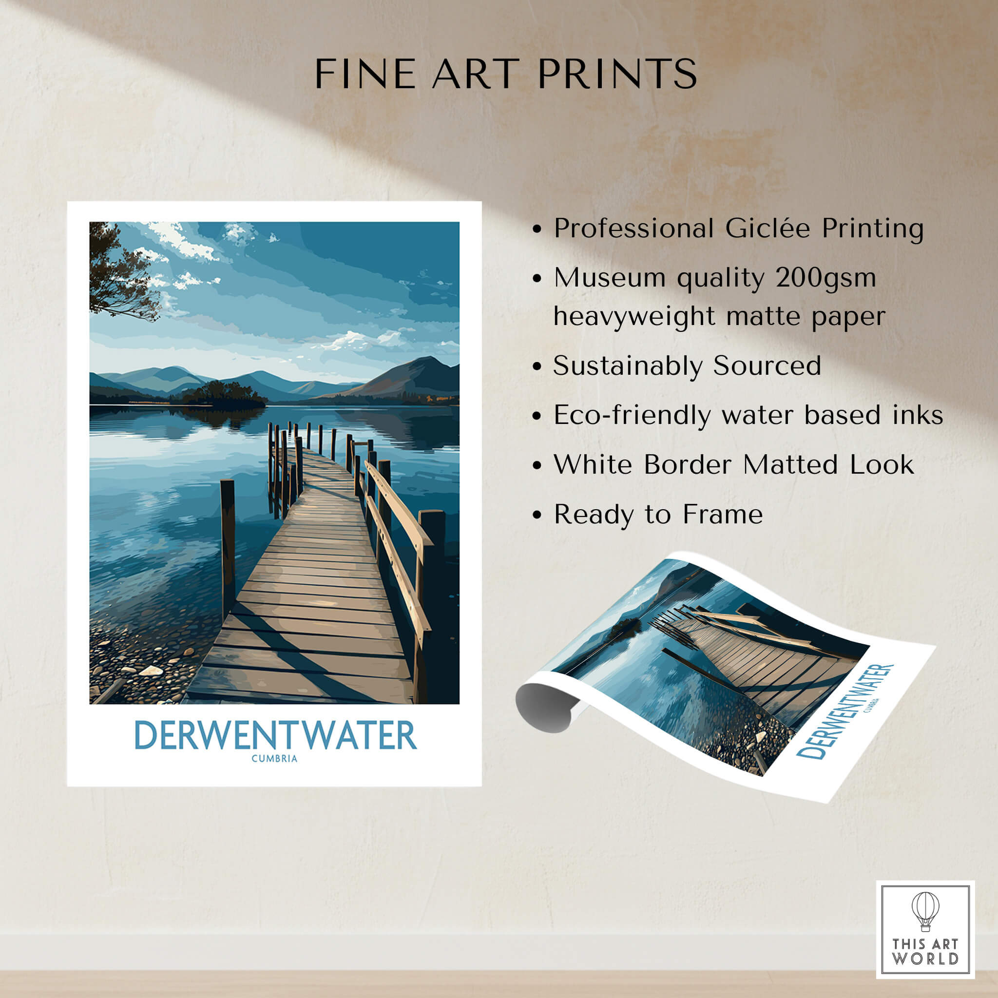 Derwentwater Cumbria Wall Art – Scenic Lake Pier Art Print featuring a serene lake and wooden pier.